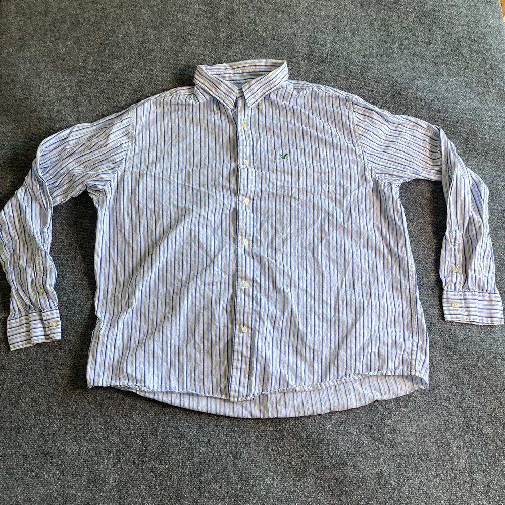 American Eagle Outfitters Mens XXL Blue‎ White Striped Button Down Shirt Cotton